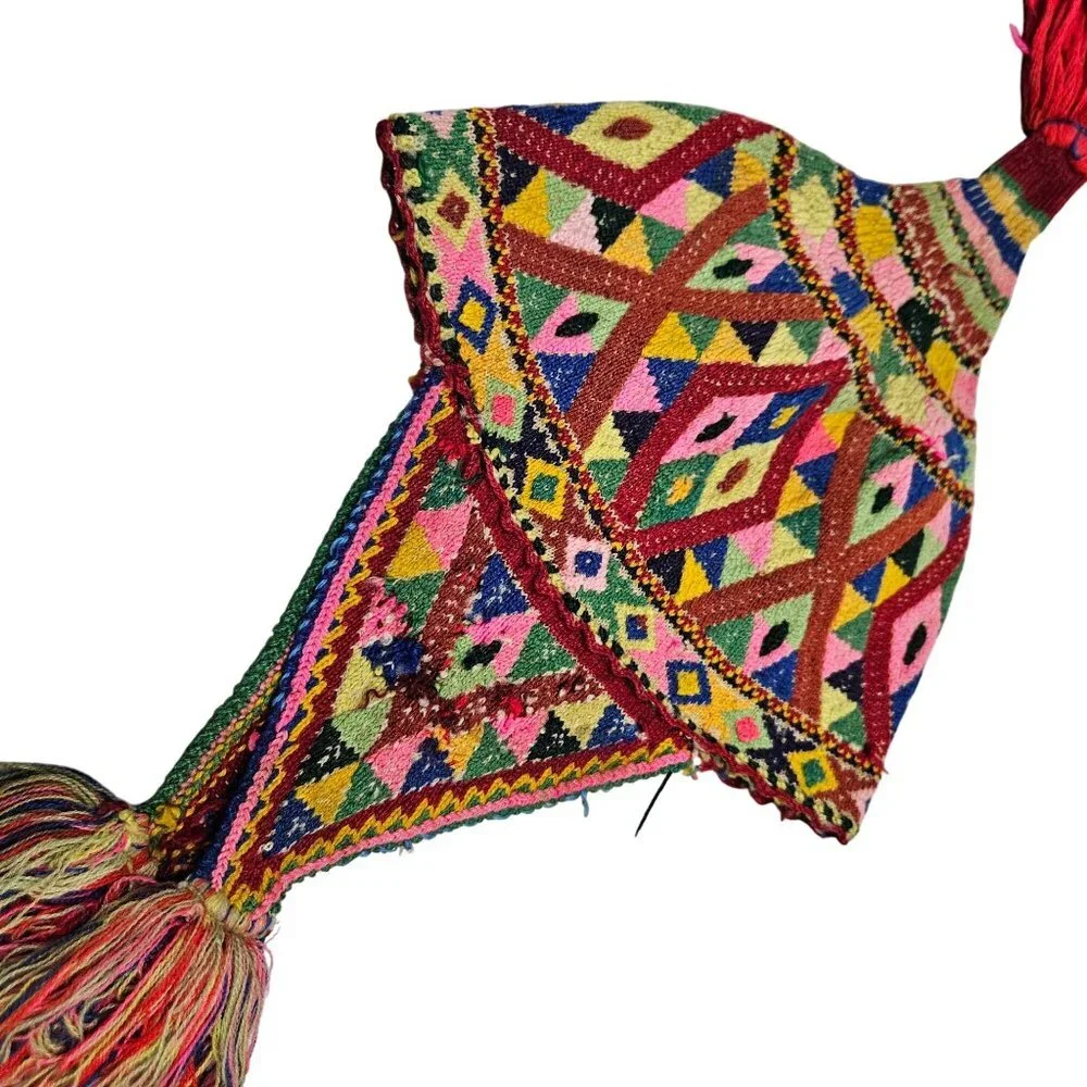 Vintage Hand Knit Tribal Wool Hat Colorful Geometric Patterns Tassels‎ Earflaps